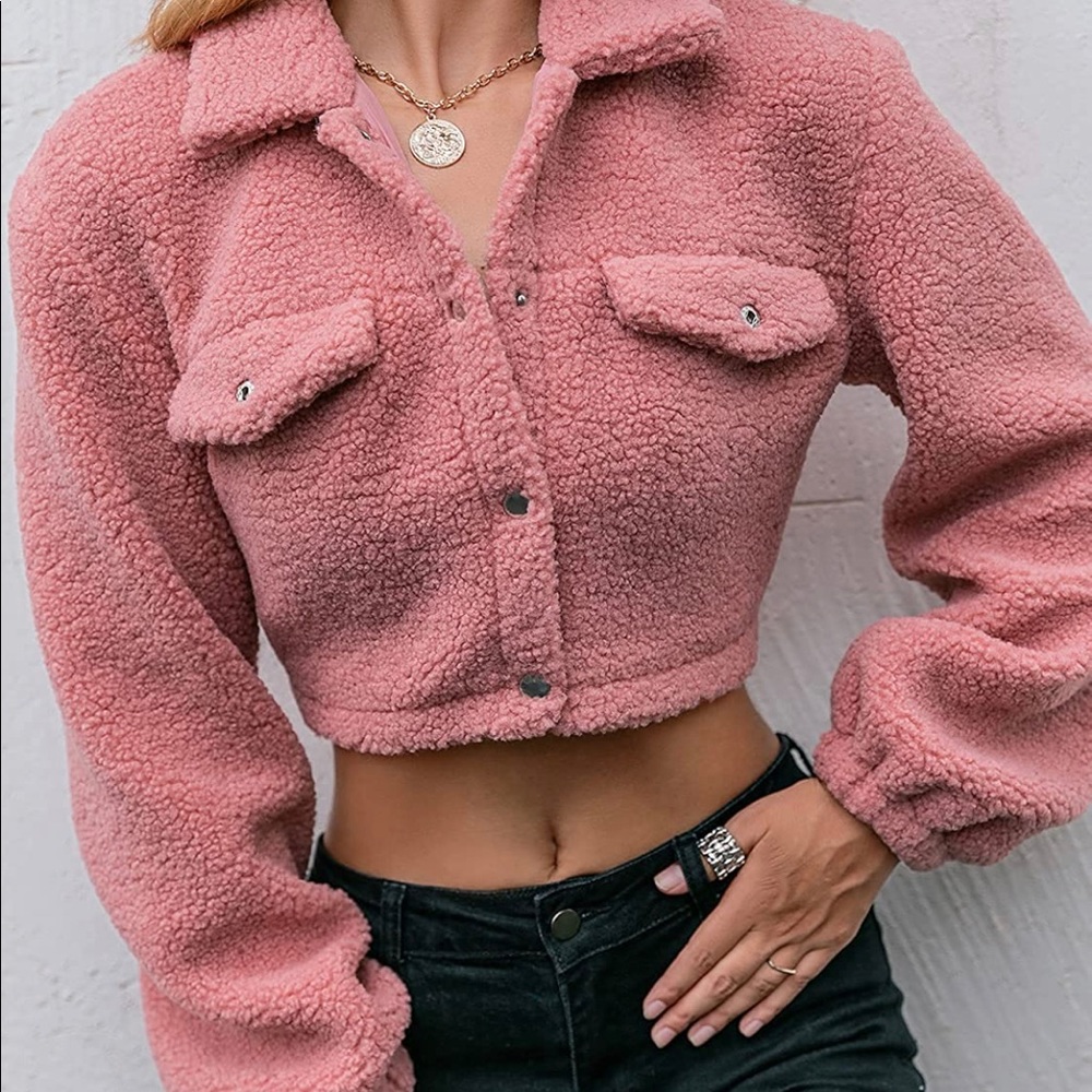 Fuzzy Fleece Jacket Cropped Button Down Lapel Sherpa Jacket Pink Blush - Picture 2 of 10